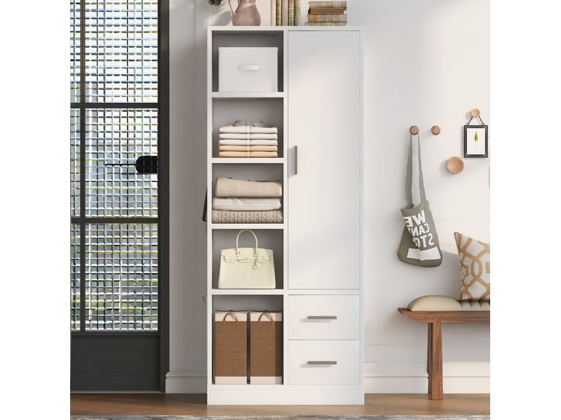  Armoire 1 porte avec 2 tiroirs et 2 tringles 70x50x170 cm blanc  - Conforama B