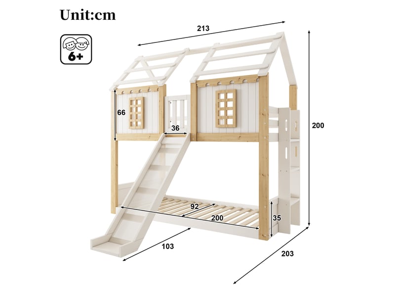  Lit superposé enfant 90x200 cm avec toboggan bois et mdf blanc et bois sans matelas  - Conforama C