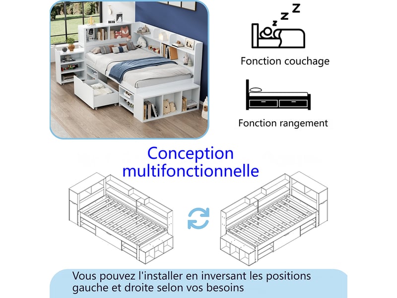  Lit enfant 90x190 cm, lit simple avec tiroirs et étagères de rangement, cadre de lit avec tables de chevet, sommier à lattes, blanc  - Conforama D