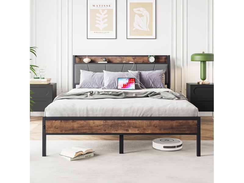 Cadre de lit 140x200 cm avec led, tête de lit rangement et ports usb, marron antique - Conforama D