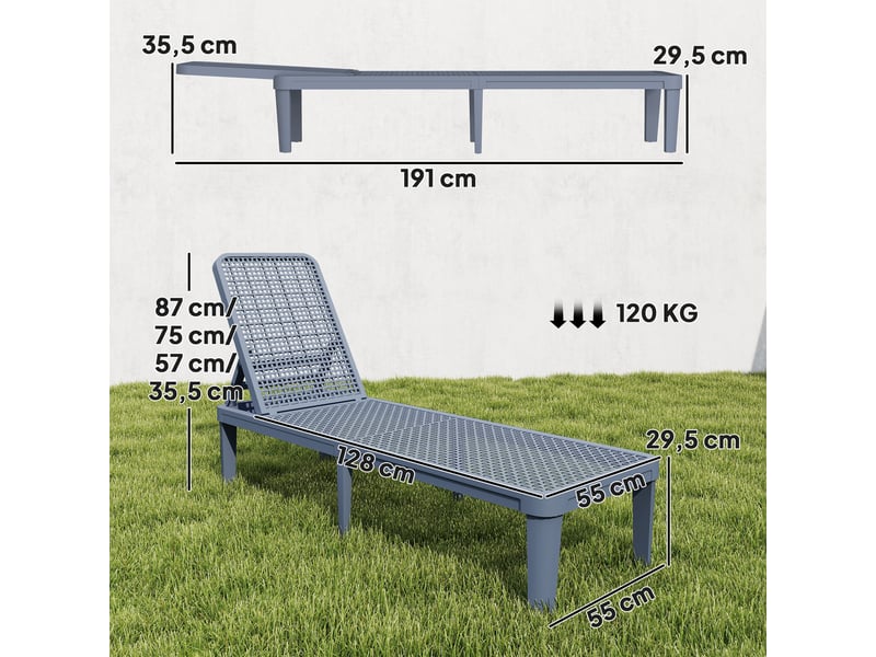  Chaise longue de jardin inclinable avec dossier réglable 4 positions et structure en pp 191 x 55 x 35,5 cm gris foncé  - Conforama D