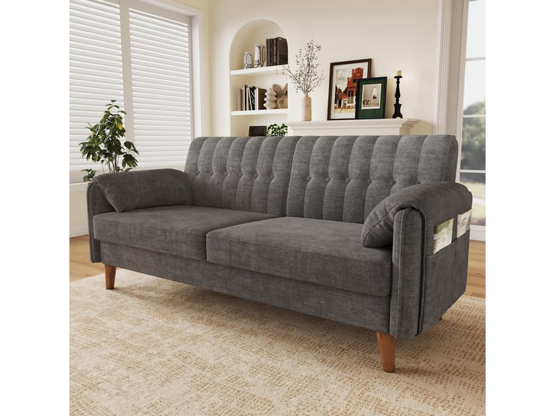  Canapé 2 places - 161.5x79x83.5cm - canapé droit en chenille avec poches latérales et pieds en bois massif 18cm - gris clair  - Conforama D
