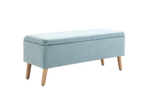 Banc de rangement 110x39x45 cm vert clair, polyester aspect lin et pieds en hévéa, assise rembourrée