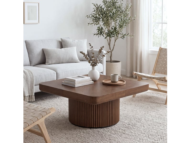  Table basse carrée à angles arrondis en bois et mdf, coloris noyer, 78 x 78 x 38 cm  - Conforama C