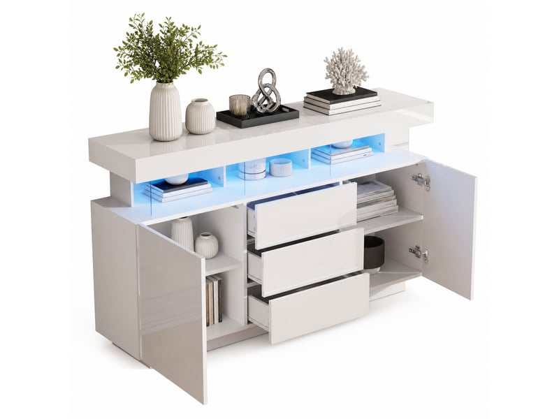 Buffet 2 portes, 3 tiroirs et led pour salle à manger 140×35×80 cm en panneaux de particules blanc - Conforama A
