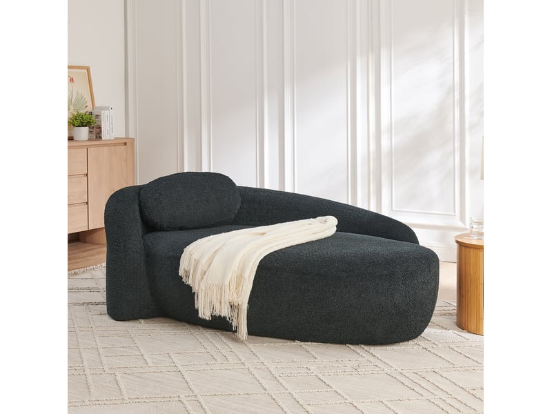  Canapé droit 1 place en tissu bouclette noir, design arrondi avec coussin, idéal pour salon et studio  - Conforama E