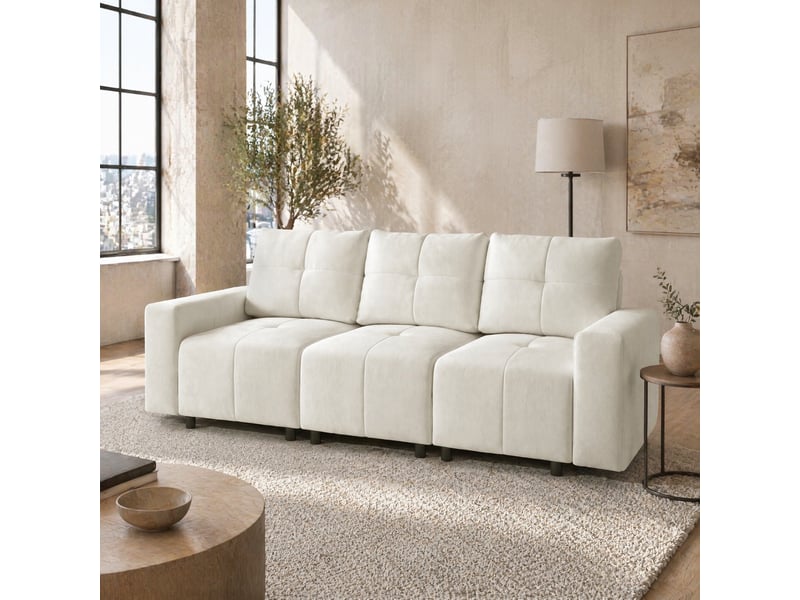 Canapé droit modulable 3 places en tissu blanc beige, dossier réglable et couchage d'appoint compact pour votre salon - Conforama B