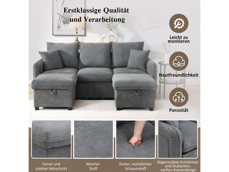 Canapé d’angle en u 3 places 188x186x86 cm convertible avec tiroirs, pouf coffre, modules séparables, chenille, gris Sol Morn - Conforama E