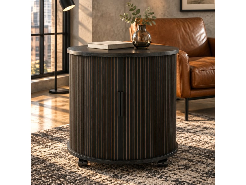  Table de chevet cylindrique  60 x 60 x 60 cm avec prise et 2 ports usb, porte coulissante, roulettes, mdf noir  - Conforama B