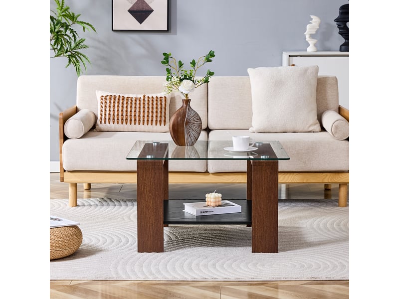  Table basse avec rangement, plateau en verre trempé et aspect noyer  - Conforama D