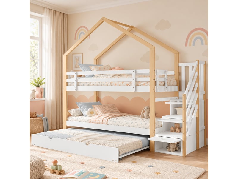  Lit superposé cabane 90x200 et 90x190 cm avec lit coulissant, escalier et 4 tiroirs, bois naturel et blanc, sans matelas  - Conforama B