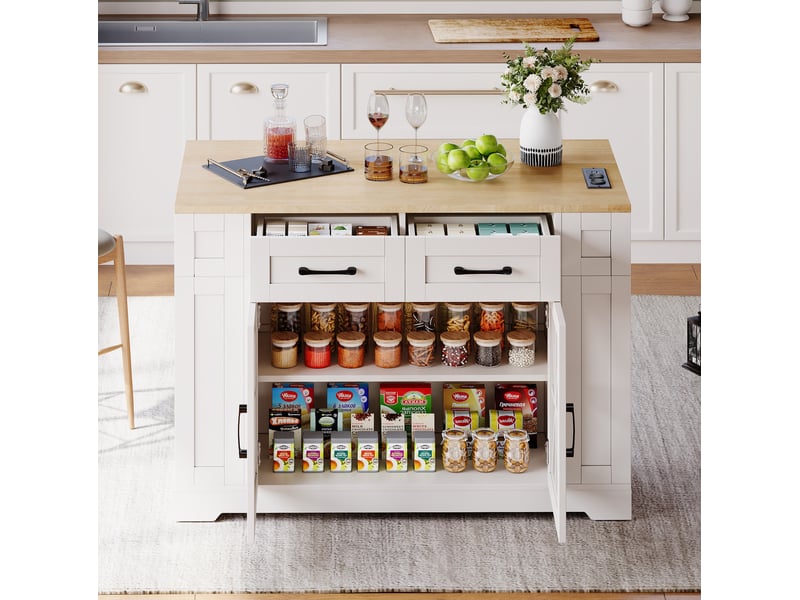 Desserte de cuisine 120 x 65 x 92 cm blanche et naturelle en mdf, tablette rabattable et prises intégrées - Conforama B