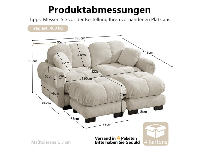 Canapé modulable, canapé 2 places, en chenille, kaki clair, avec pouf, adapté à l'espace de vie, pour salon - Conforama D