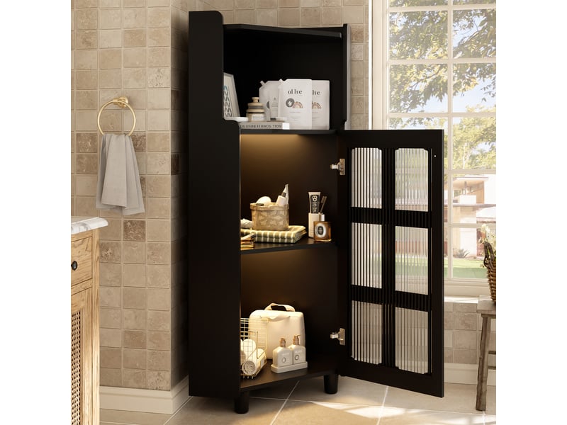  Armoire d'angle 63,5x45x124cm gain de place, led éclairage pilotable, pour salon, bibliothèque, salle de bain mdf noir  - Conforama W