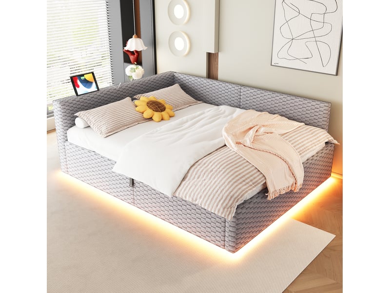 Lit double 140x200 cm avec coffre hydraulique, led, usb, type-c et velours gris - Conforama B