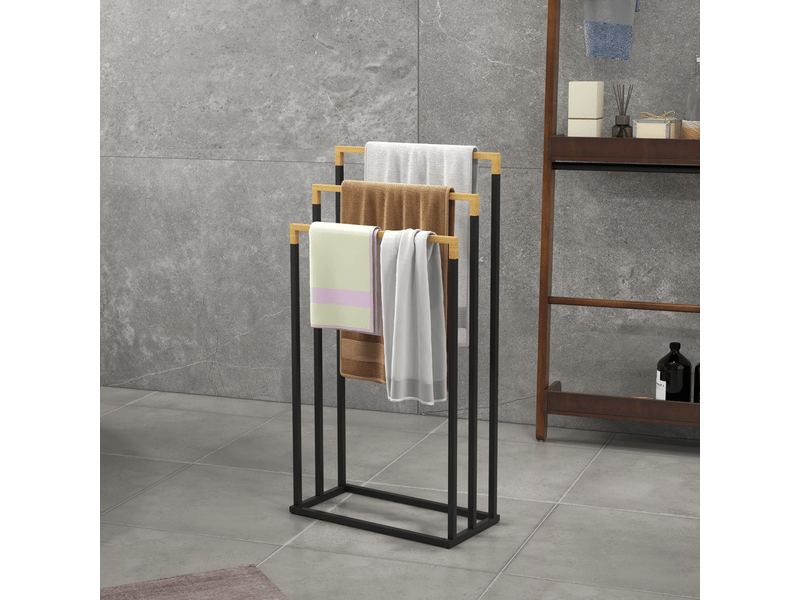  Ensemble porte-serviettes avec 3 barres,design industriel,bambou,45x22,5x86cm,noir et naturel  - Conforama C