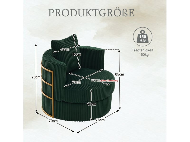  Fauteuils pivotants 76x79x78 cm, lot de 2, rotation 360°, accoudoirs rembourrés, velours côtelé vert émeraude  - Conforama C