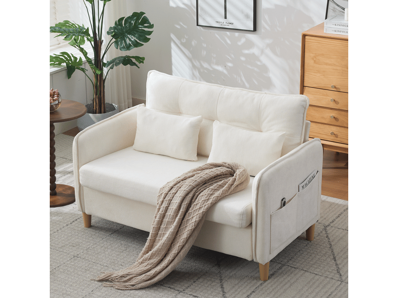 Canapé 2 places beige en tissu chenille, 127 cm, avec accoudoirs, coussins et poches latérales, pour salon moderne - Conforama E
