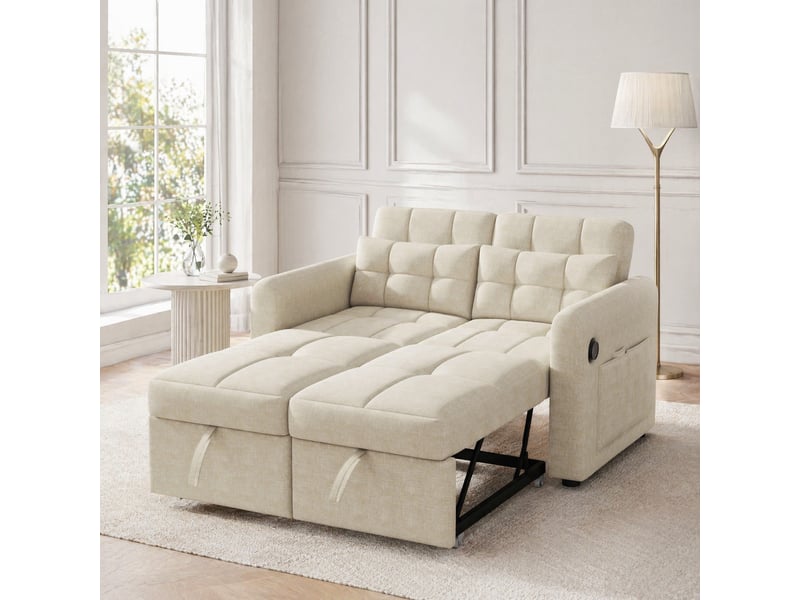  Canapé-lit convertible modenvie 3-en-1 2 places 142 x 85 x 83 cm beige avec usb et poches latérales  - Conforama B