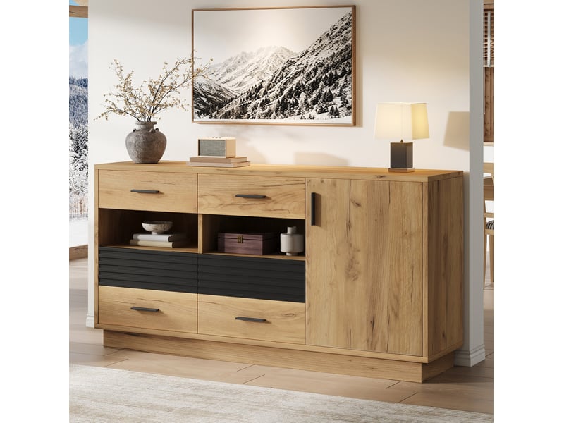  Buffet 140x35x70 cm, 6 tiroirs et 1 porte, effet bois naturel et noir  - Conforama D