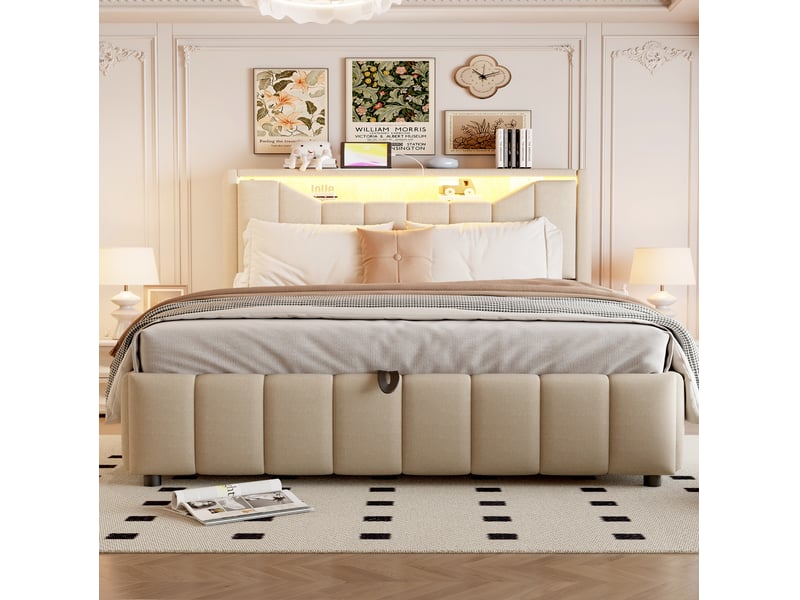 Lit coffre 140 × 200 cm 2 places avec led, usb, usb-c et rangement, sans matelas, en tissu beige  - Conforama C