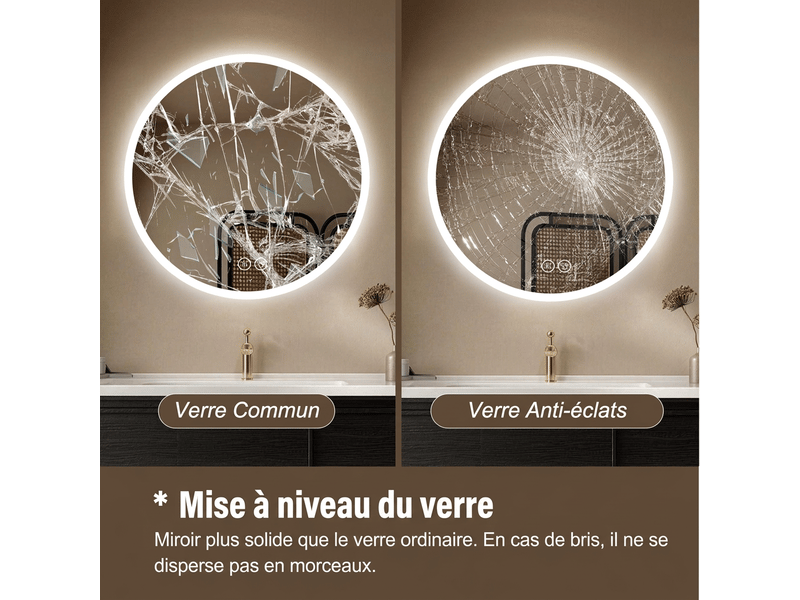  Miroir de salle de bain rond led 80 cm, lumineux, mural, anti-buée, 3 couleurs de lumière  - Conforama E