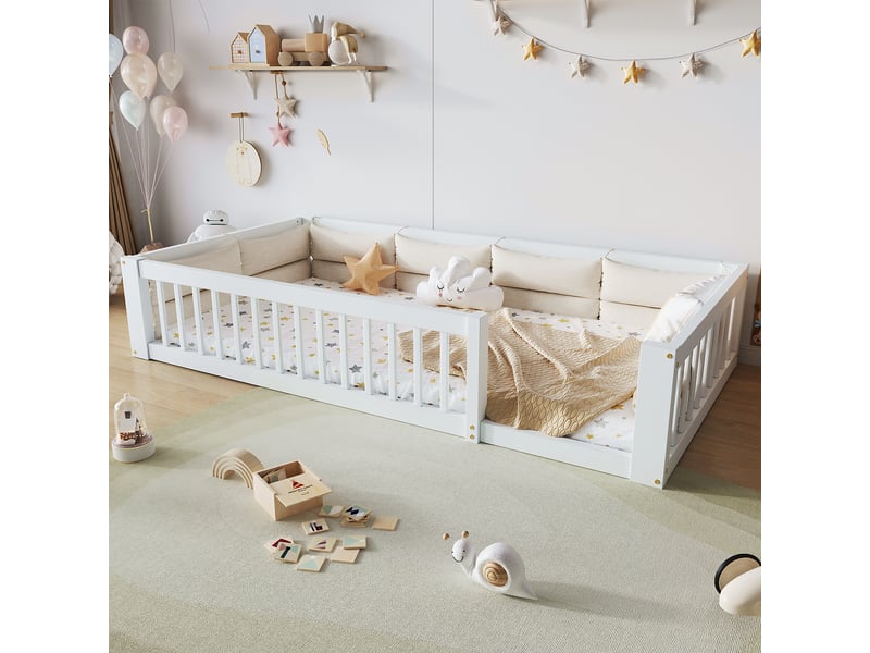 Lit enfant 90x200 cm avec barrières de sécurité et coussins, bois blanc, sans matelas  - Conforama W