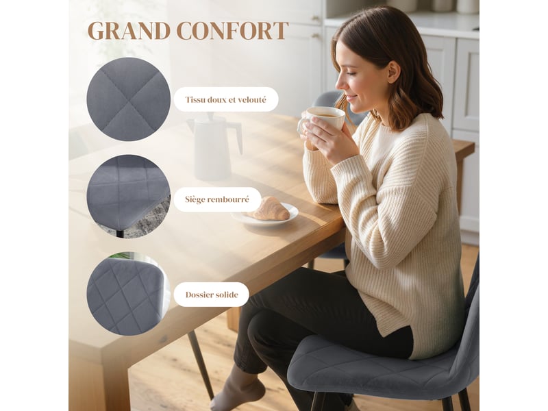 Lot de 4 chaises de salle à manger rembourrées avec dossier haut, pieds en acier et tissu effet velours, gris - Conforama D