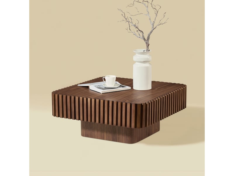  Table basse carrée moderne effet noyer 80 x 80 x 35 cm, cadre en bois massif rainuré  - Conforama D