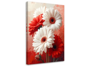 Tableau moderne, gerberas blancs et rouges dans une composition décorative 30x45