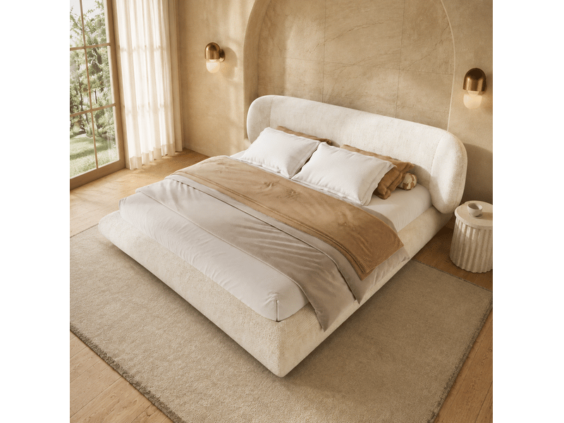 Lit double rembourré 140x200 cm en chenille beige avec sommier à lattes, sans matelas - Conforama W