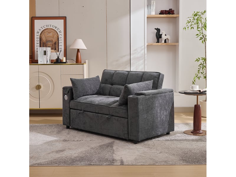  Canapé convertible 2 places avec dossier réglable, prises usb et type-c, tissu gris  - Conforama B