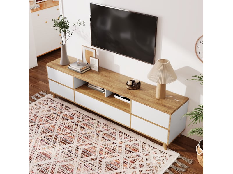  Meuble tv modenvie sur pieds 175 x 37 x 51 cm blanc brillant et bois  - Conforama D
