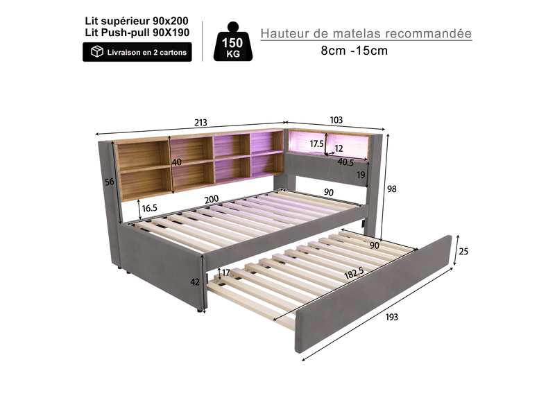  Lit banquette rembourré 90x200 cm avec lit gigogne 90x190 cm, rangements, led, usb, usb-c et prise électrique, sommier à lattes, flanelle gris foncé Radiant Stride - Conforama C