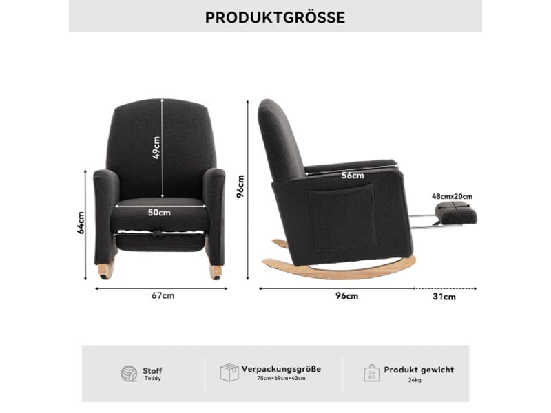  Fauteuil à bascule inclinable avec ottoman, repose-pieds, dossier haut pour le salon, en tissu peluche, gris foncé  - Conforama C