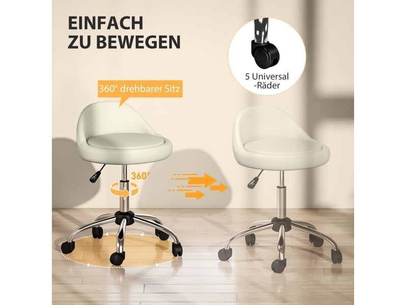  Tabouret de travail 50x35x63-83 cm, pivotant, hauteur réglable, avec roulettes, similicuir blanc, charge max. 120 kg  - Conforama E