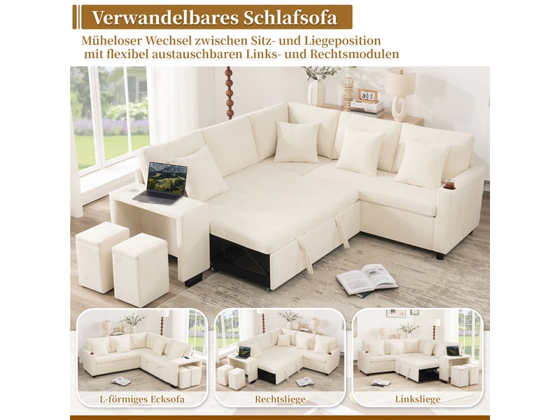 Canapé d'angle convertible 5 places 220 × 205 × 86,5 cm, méridienne réversible avec rangement, usb et usb-c, pouf coffre, chenille, beige OMNIGLINT TRADING LTD - Conforama D