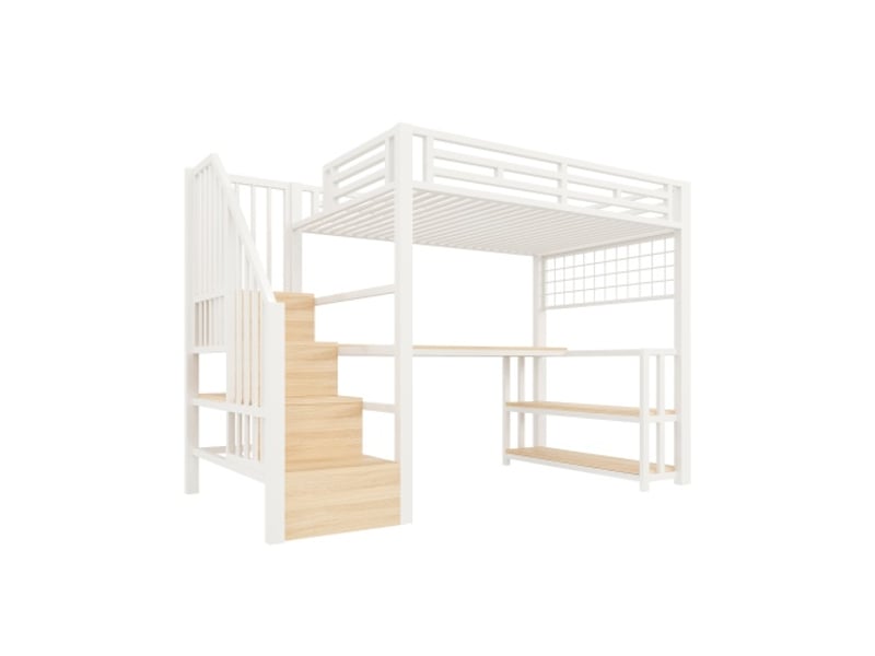 Lit mezzanine blanc 90x200 cm, cadre métal, bureau, led, escalier avec rangement, 2 usb + usb-c, sans matelas - Conforama D