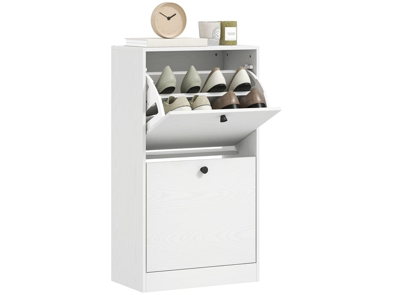  Meuble à chaussures avec 2 tiroirs abattants et étagères réglables pour couloirs et petits espaces 47x26x85 cm blanc marbré  - Conforama A