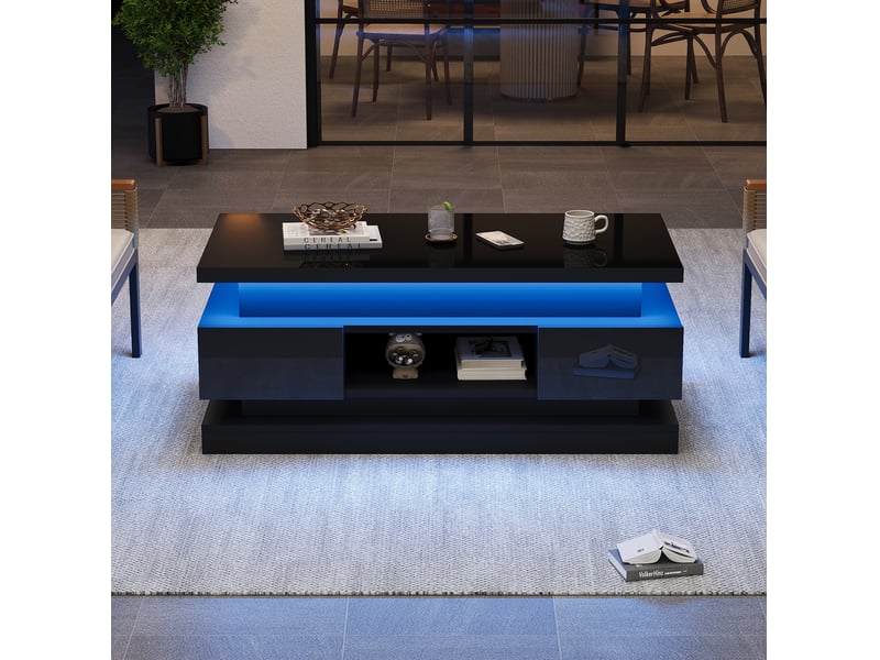  Table basse relevable 100x50x40 cm avec led, 2 tiroirs, rangement caché, table de salon, panneau de particules, noir  - Conforama D