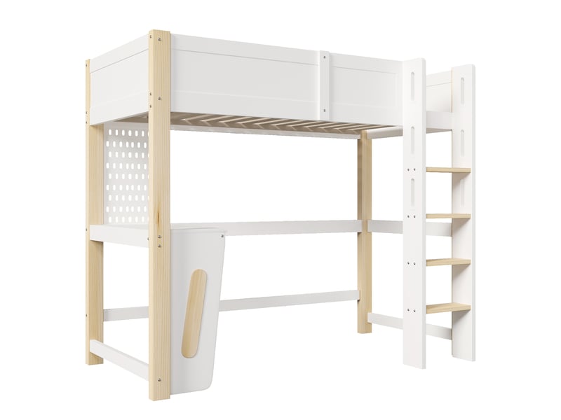  Lit mezzanine enfant 90x200 cm blanc et naturel pin et mdf, bureau, panneau perforé et éclairage led  - Conforama D