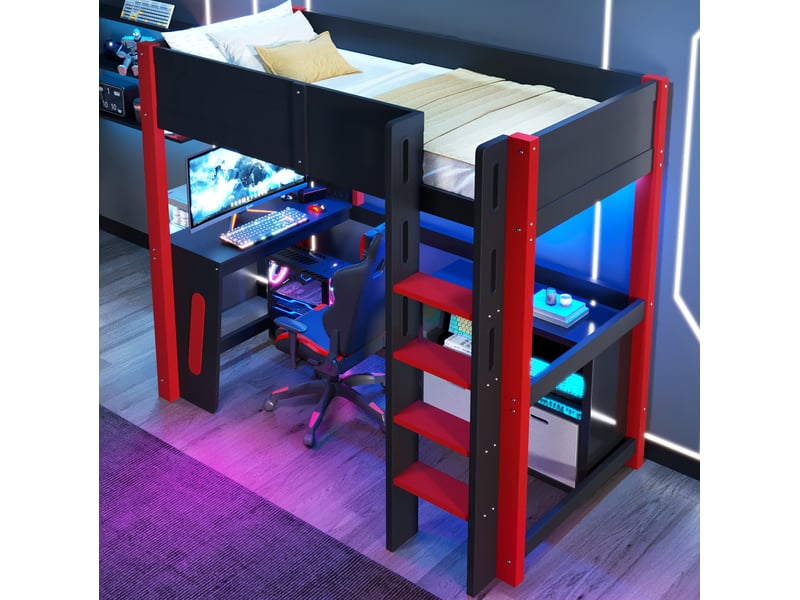  Lit mezzanine 90x200 cm avec bureau, panneau perforé et led, en bois, noir et naturel, sans matelas  - Conforama B