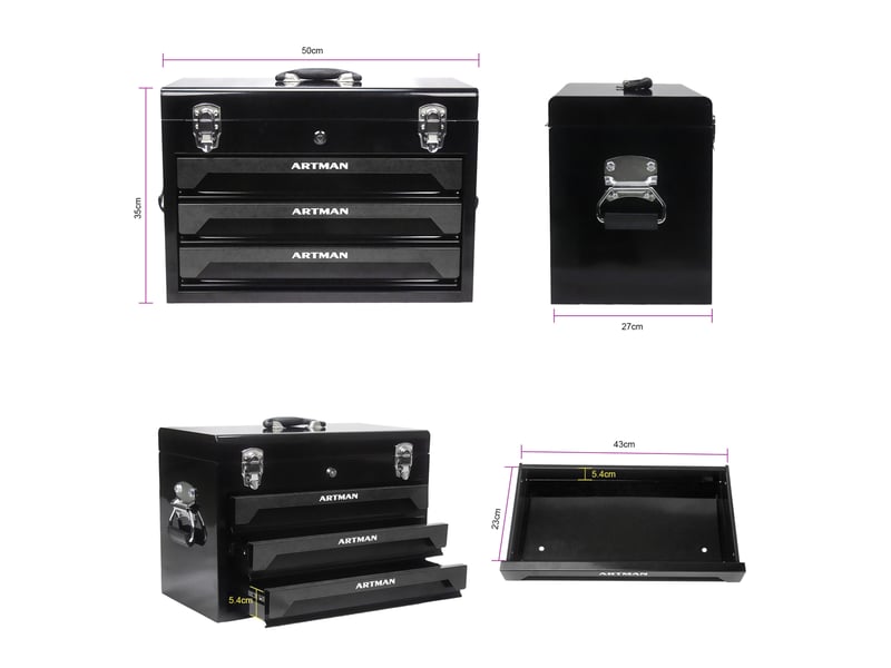  Coffre à outils en acier 50 x 27 x 35 cm noir, 3 tiroirs à glissières à billes et poignée de transport  - Conforama C