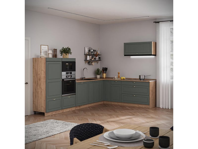 Vicco cuisine en angle, vert or campagnechêne de force doré, 327x51.6cm sans pt - Conforama C