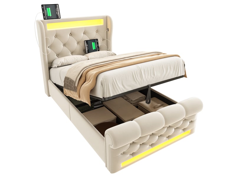 Lit enfant 90x200 cm – beige – coffre hydraulique, led, usbtype-c et tête capitonnée avec matelas - Conforama A