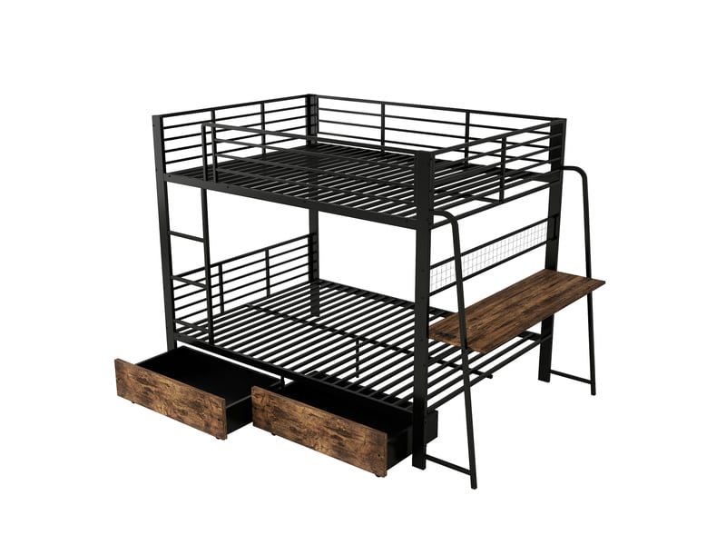  Lit mezzanine en métal 140x200 cm, bureau, 2 tiroirs, bandeau led, prise, structure noire  - Conforama A
