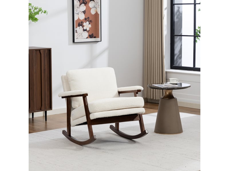  Fauteuil à bascule mid-century avec structure en bois, fauteuil de salon rembourré et coussin lombaire, 83x73x80 cm  - Conforama B