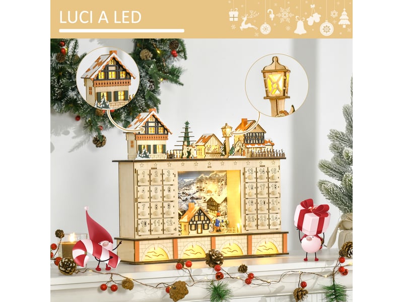  Calendario dell'avvento in legno con 24 cassetti da riempire, decorazione con villaggio di natale e luci,44x10x37cm  - Conforama D