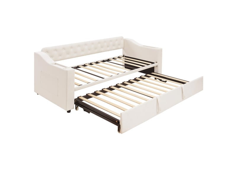  Lit adulte 90180x190cm,lit gigogne,canapé-lit en velours avec prise usb et poches,beige lit adulte beige - Conforama E