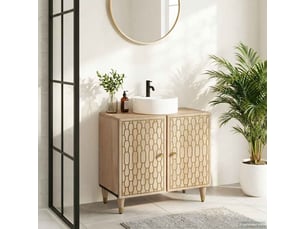 Armoire lavabo salle de bain, meuble de rangement bois massif de manguier shl7241